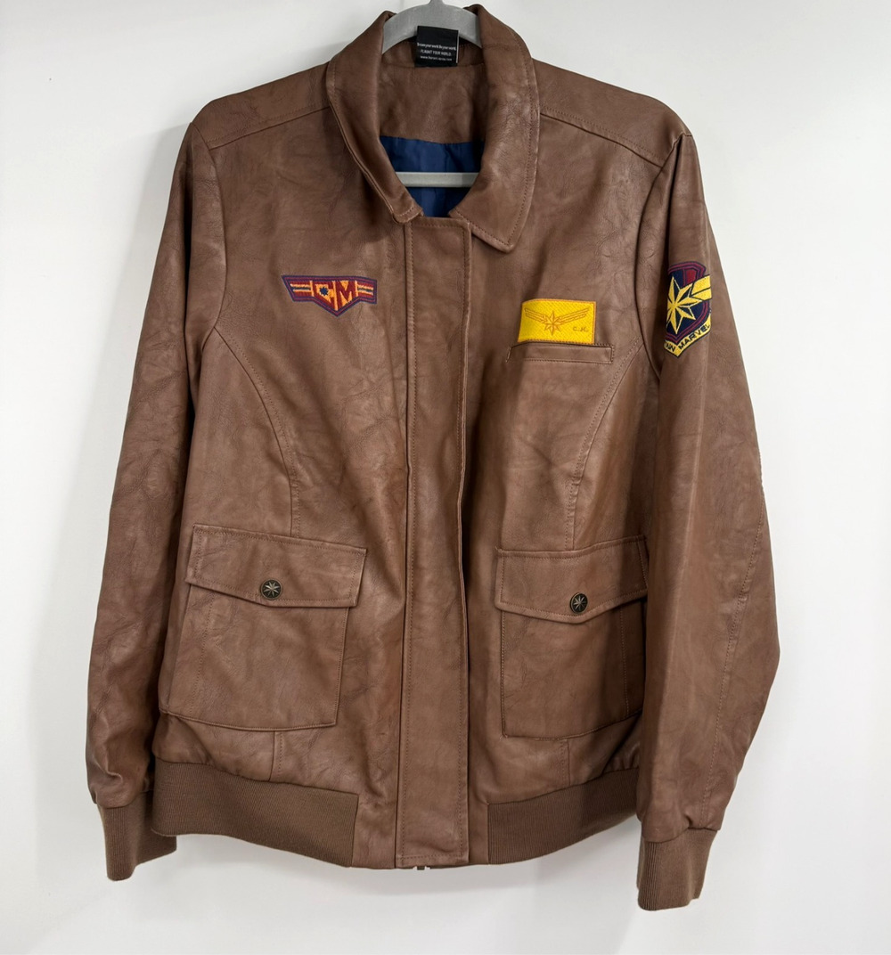 Her Universe Captain Marvel Faux Leather Bomber Jacket Womens 2X Brown Superhero